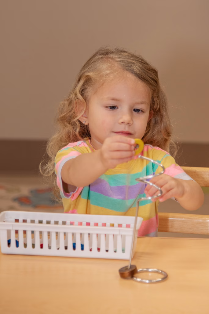 Two-year-old practicing independence in Montessori toddler environment