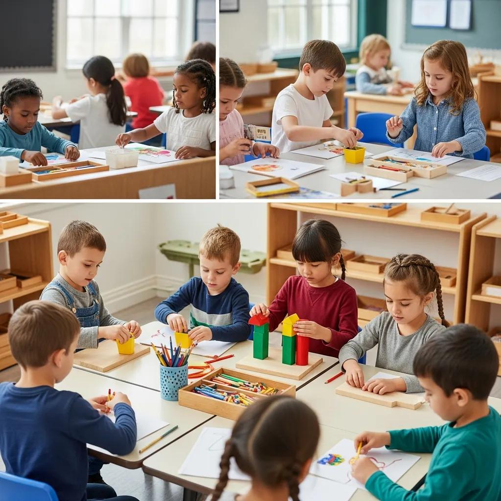 montessori classroom with children engaged in hands on learning activities