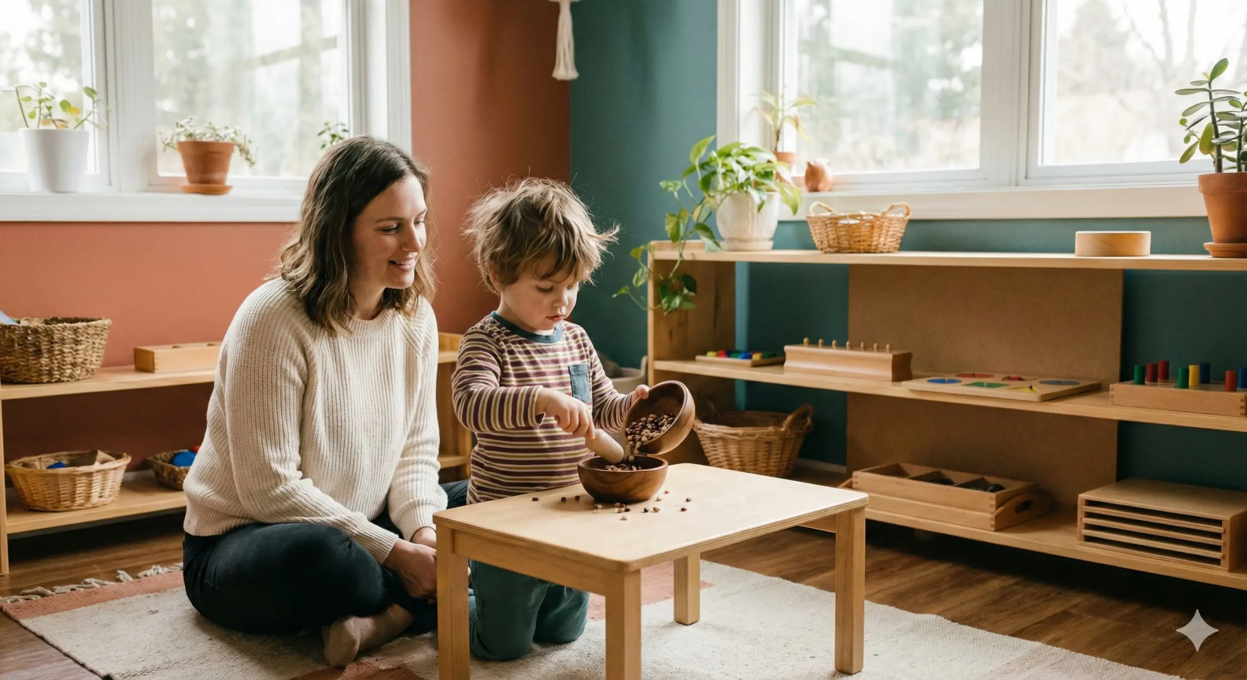 Parent and child exploring Montessori learning materials together in a bright classroom