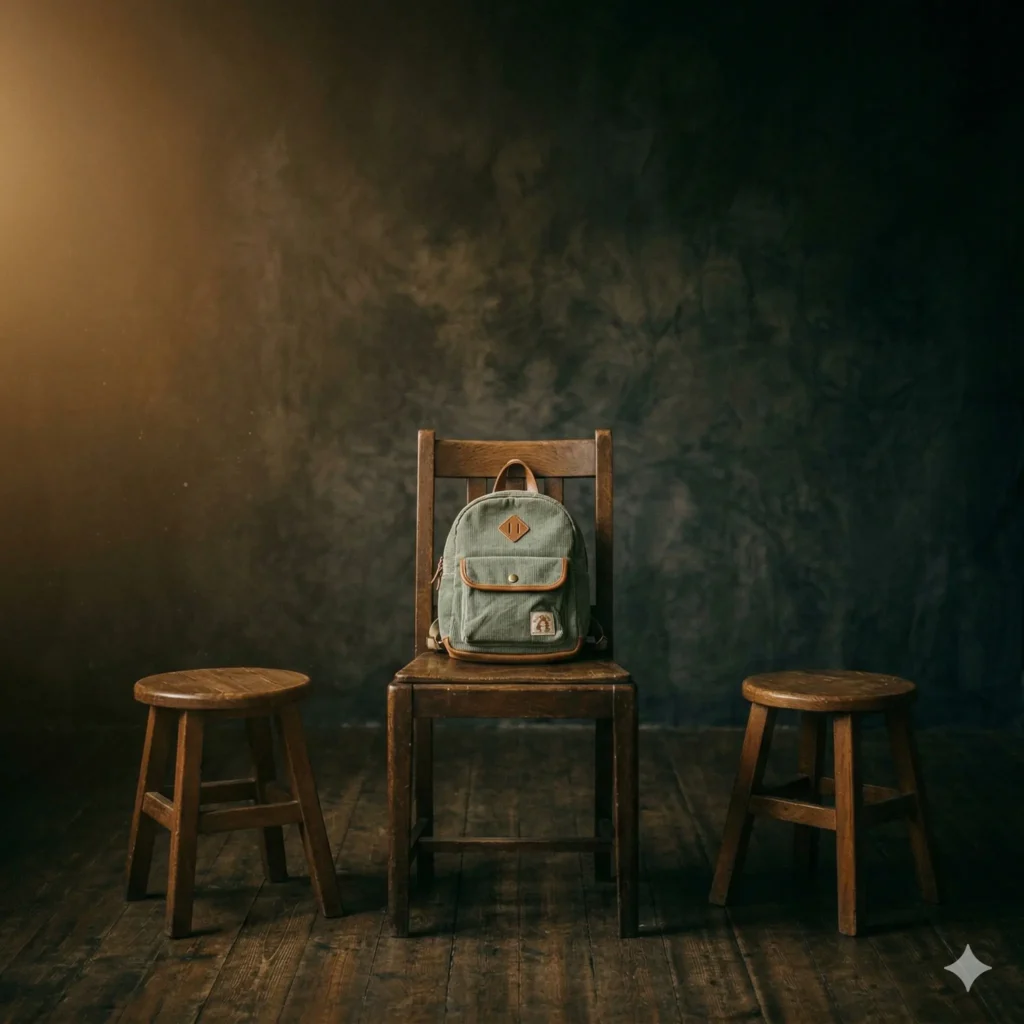 A small child's backpack sitting on a wooden chair between two adult stools, symbolizing the child at the center of the courage conversation between educators and parents in early childhood