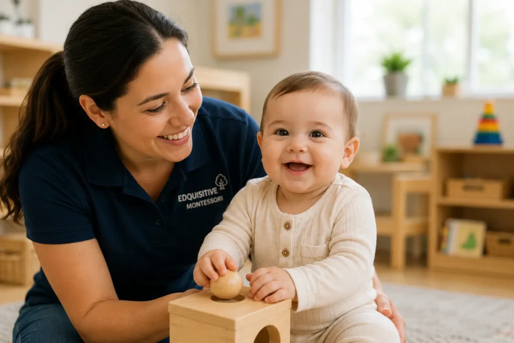 Infant caregiver interacting with a smiling baby in a Montessori classroom while comparing infant daycare options across San Antonio.