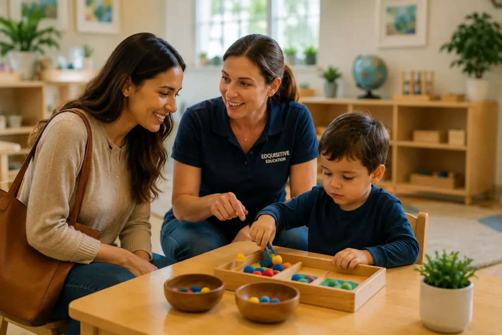 Mother and daycare director observing a young child engaged in a hands-on learning activity during a daycare tour in San Antonio.