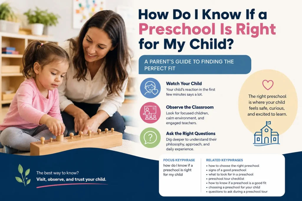 How do I know if a preschool is right for my child? Parent observing a young child exploring Montessori materials during a preschool tour in San Antonio.
