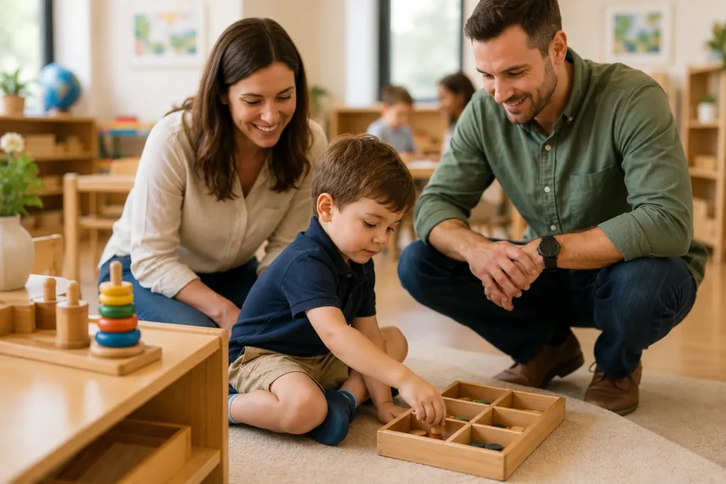 Parents observe their child exploring Montessori learning materials during a preschool classroom tour.