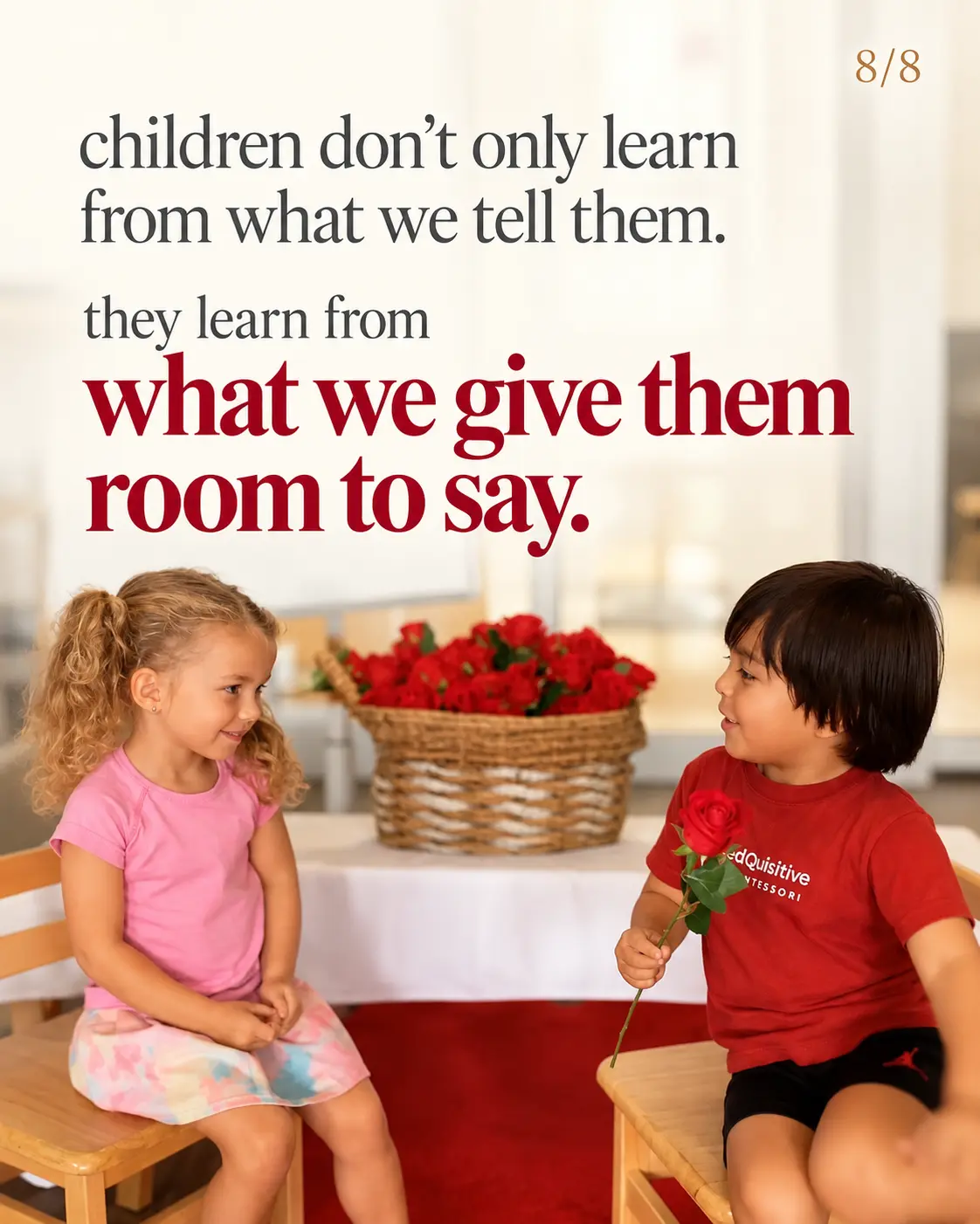 Preschoolers explaining an idea to each other Two preschoolers talk to each other while working together at a table in a Montessori classroom.